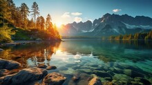 Impressive Summer Sunrise On Eibsee Lake With Zugspitze Mountain Range. Sunny Outdoor Scene In German Alps, Bavaria, Germany, Europe. Beauty Of Nature