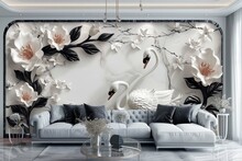 3D Printable Ceiling Interior Wallpaper With Luxury Beautiful Black Lily Flowers, Swan, Marble Background For Wall