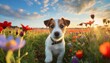 jack russell terrier puppy in flower field