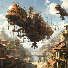 Canvas Print - Steampunk-inspired flying bicycles in a cityscape.