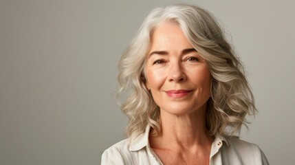 Canvas Print - Studio portrait featuring a cheerful senior Caucasian woman with stylish grey hair and wrinkles, showcasing her natural beauty.