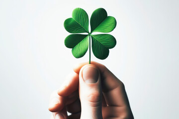 closeup of a hand holding a four leaf clover isolated on solid white background. ai generative