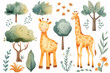 Delightful watercolor illustration featuring a pair of giraffes among trees and foliage in a calm, storybook forest environment.
