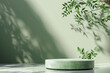 © Patcharaphon - Empty podium with leaves and shadows on green background for product presentation. Copy space