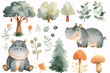 A whimsical watercolor scene featuring a cute hippopotamus surrounded by an array of forest flora trees and mushrooms.