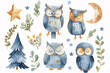 A serene collection of watercolor illustrations featuring charming night owls, whimsical trees, and celestial elements like stars and the moon.
