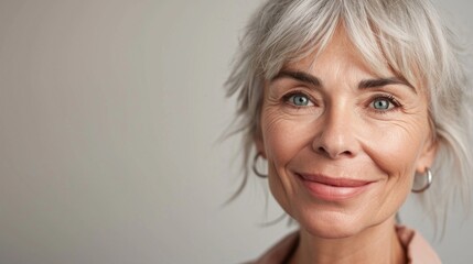 Canvas Print - Captivating beauty portrait of a happy older Caucasian woman, highlighting her stylish grey hair and charming wrinkles in a studio setting.