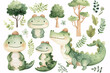 A delightful set of watercolor crocodiles depicted with a gentle, whimsical touch, alongside stylized trees and greenery.