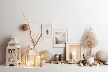 Composition For Christmas. Against A White Background, A Small Table With Gifts, Lanterns, And Decorations. Concept Of Christmas, Winter, And New Year. Place A Copy