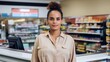 © iuricazac - In a grocery store, a multicultural woman working as a cashier is featured in a horizontal portrait.