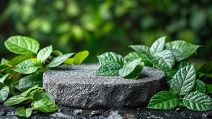 Wall Mural - A natural stone and concrete podium in a natural green background for an empty show for packaging products. The scene includes green leaves. Mock up of a pedestal for packaging products.