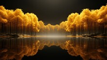 Golden Trees Reflected In Lake On Black Sky Background. Modern Canvas Art With Golden Yellow Forest