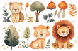 An adorable set of watercolor lions presented with a mix of savanna flora, creating a charming and heartwarming scene.