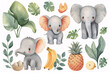 A soothing watercolor illustration showcasing a gentle elephant surrounded by tropical foliage, bananas, and a touch of floral elements.