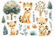 This delightful watercolor set features adorable baby hyenas with a collection of whimsical foliage and forest elements, perfect for a charming nature theme.