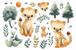 This delightful watercolor set features adorable baby hyenas with a collection of whimsical foliage and forest elements, perfect for a charming nature theme.