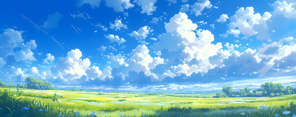beautiful grassy fields under a summer blue sky with fluffy white clouds blowing in the wind. wide f