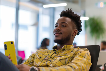 Wall Mural - African American Man holding cell phone and sitting in an office