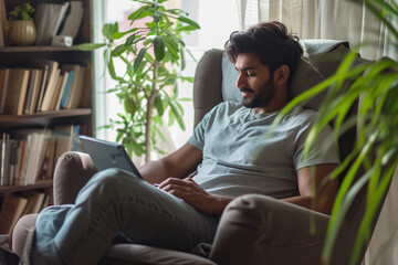 Wall Mural - Indian man relaxing at home he is sitting on the armchair and connecting with his digital tablet contemporary design interior