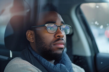 Wall Mural - Emotional African American man driving a car, had an accident. Sad driver stuck in traffic.