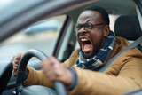 Fototapeta  - Emotional man feeling extremely furious while driving near crazy dangerous driver