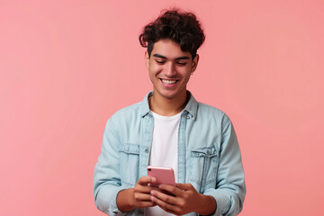 Wall Mural - Casual Latin man on peach background using smartphone