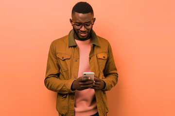 Wall Mural - Casual man on peach background using smartphone