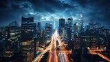 Fototapeta  - Overhead drone shot, a bustling cityscape at night, glittering lights, towering skyscrapers, traffic trails, New York City, crisp details, DJI Mavic Air 2, long