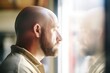 man with thinning hair looking at reflection in a window
