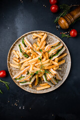 Poster - Fresh sandwiches with ham, cheese, tomatoes and lettuce and french fries in plate.