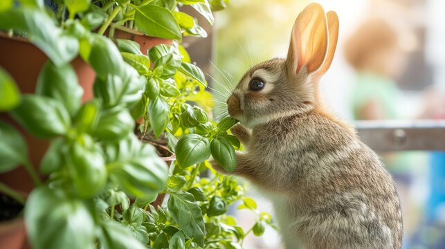 Basil plant being eaten by cute bunny in a green vertical garden. Bunny in a garden shows wildlife and eco-friendly living together.