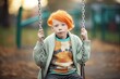kid in a cardigan sitting on a swing set