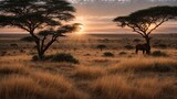 Fototapeta Sawanna - Wildebeest Herd Roaming Serengeti Landscape under a Mesmerizing Sunset Sky with Nature's Elements - Grass, Trees, Water, and Mist, Creating a Beautiful Morning Scene in Summer
