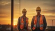 Male engineers working together at construction site during sunset Wear a hard hat with the winter sky in the background. It is a symbol of cooperation and dedication in the construction industry.