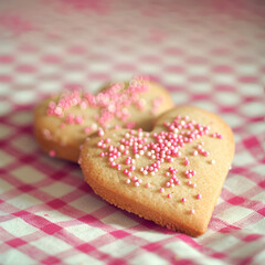 Valentines day cookies two heart cookies decorated with pink sprinkles on a pink and white checkered tablecloth