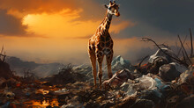 A Lone Giraffe In A Garbage Dump Looking For Food. Environmental Problems Concept