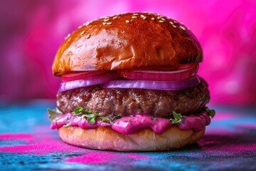 Wall Mural - Burger Masterpiece: The Most Delicious Rustic Burger, Featured on a Pink Background with Copy Space - A Concept of Savory Culinary Artistry.


