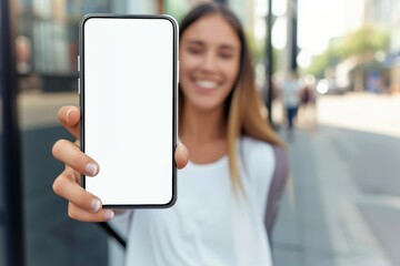 Close-up, Happy beautiful woman showing white smartphone