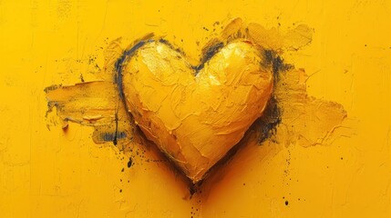 Wall Mural -  a heart painted on a yellow wall with a piece of wood sticking out of the middle of the wall and a piece of wood sticking out of wood sticking out of the wall.