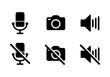 Video call icon set with loudspeaker, mute, camera on, camera off, microphone on and microphone off icon in black color on white background - Vector Icon