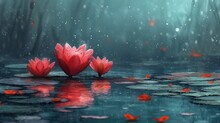  Two Red Flowers Sitting On Top Of A Body Of Water With Lily Pads On The Bottom Of The Water And Red Petals Floating On The Bottom Of The Water In Front Of The Pond.