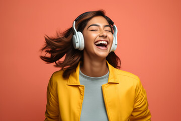 Wall Mural - Excited modern playful female listening to music with headphones