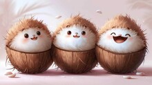  A Group Of Three Little Hedgehogs Sitting Inside Of Coconuts With Their Faces Painted To Look Like They're Talking To Each Other Side Of The Same.