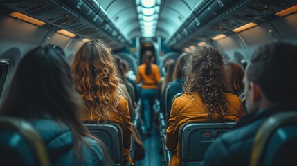 A seat on board an airplane, with passengers in the seats and stewardesses walking the aisle. Vintage color and selective focus.