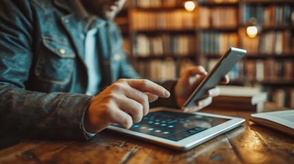 Aufkleber - In this photograph, a businessman uses modern devices, while a student uses a digital tablet computer and a mobile smart phone. Business concept, selective focus, vintage color.