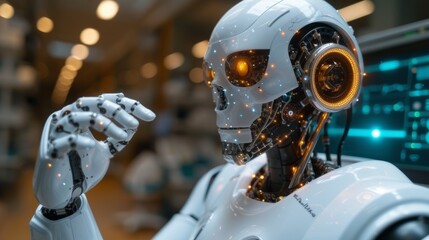 Aufkleber - The robot hand AI artificial intelligence assistance for medical healthcare practices operation surgical performance, uniting human and artificial intelligence, displaying graphical icons on a blue