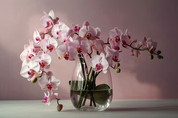 beautiful arrangement of flowers. Pink orchid bouquet in vase on table. Pink blossom of the phalaenopsis orchid against a light pink backdrop. Valentine's Day, Happy Women's Day, and March 8 are conce