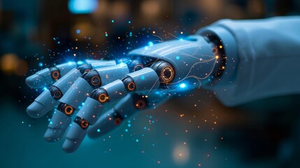 Aufkleber - AI hand robot with graphical icon display for medical and healthcare practices, offering artificial intelligence assistance for surgical performance, integration of human and AI concept, and blue