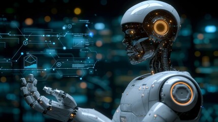 Aufkleber - An artificial intelligence-enhanced robot hand will be used in medical healthcare practices to assist with surgical performance. The hand is unity with the human concept, and the blue banner