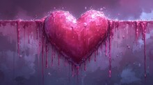  A Painting Of A Heart Hanging From A Wall With Dripping Pink Paint On It's Sides And A Purple Background With Pink And Blue Drops Of Paint On It.